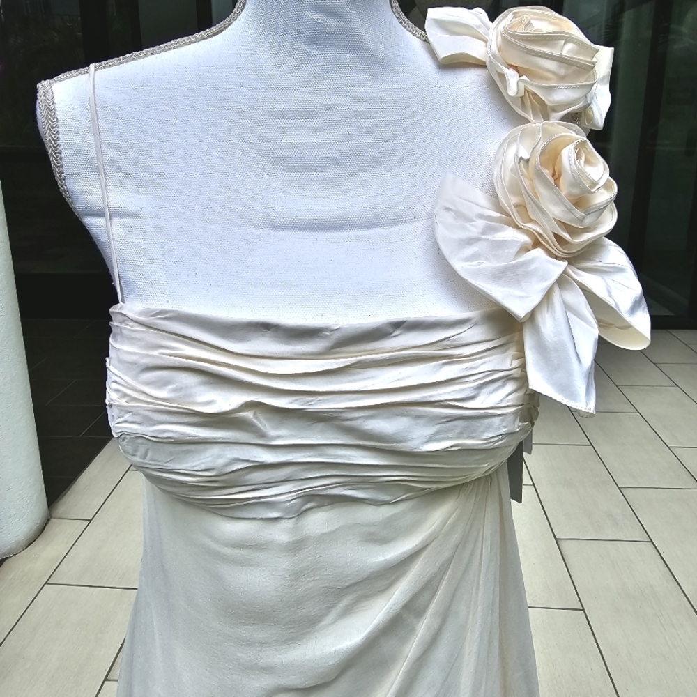 Vintage Teri Jon ✦ Ivory Silk Formal Dress ✦ Handmade Roses Babydoll Silhouette - Picture 5 of 17